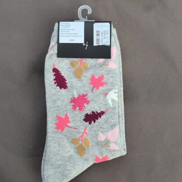 Talbots Gray Socks with Pink and Gold Leaf Pattern - Picture 2 of 2